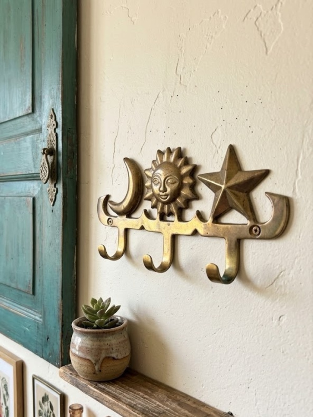 Vintage Brass Celestial Wall Hooks Sun Moon Stars Entryway Key Holder Boho 90s - Picture 2 of 9
